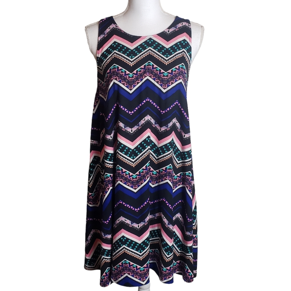 Derek Heart Aztec Print Tank Dress Size L Multicolor Tribal Boho Swing Keyhole.